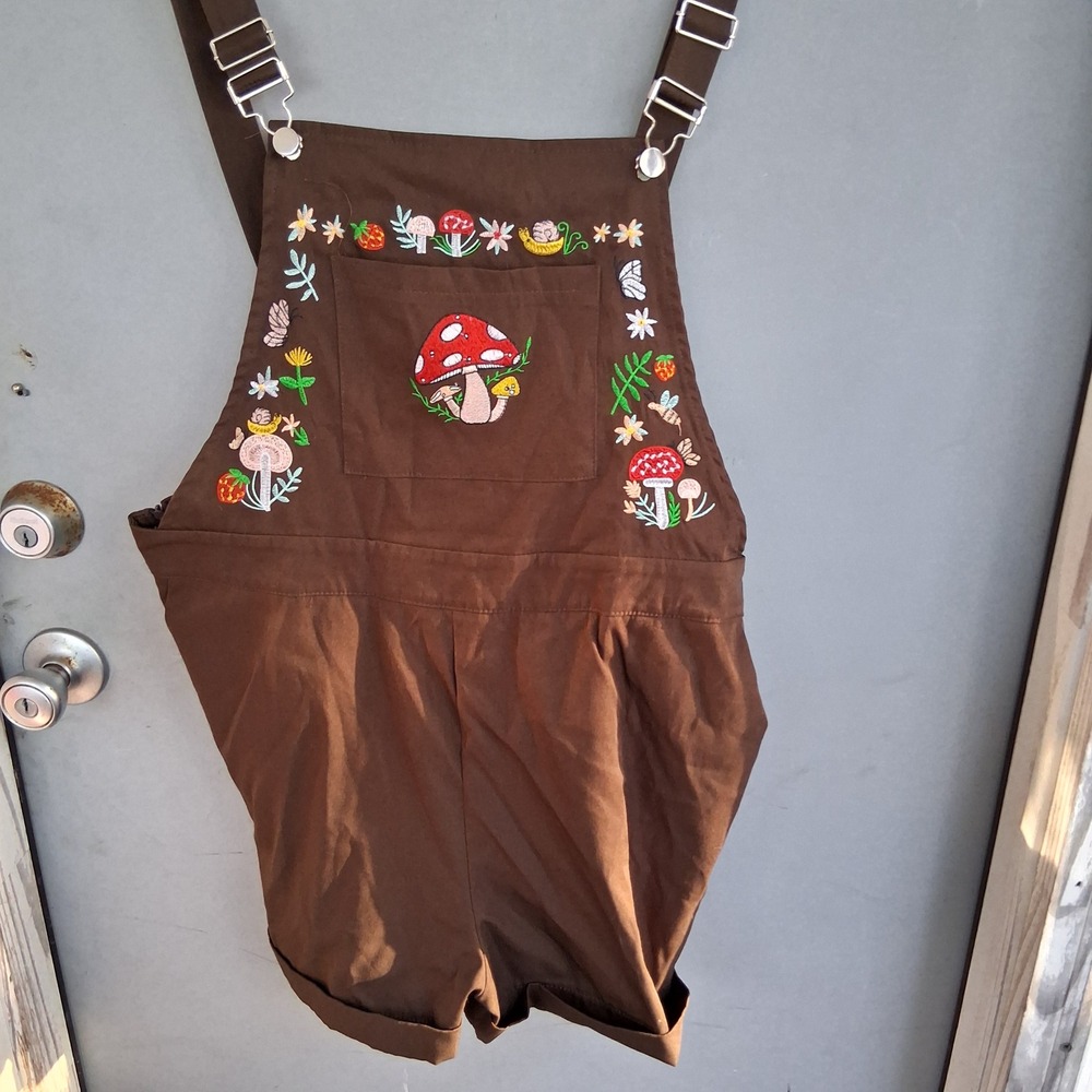 Fairy Goblincore Mushroom Embroidered Overall Shorts Shortalls Plus 3XL